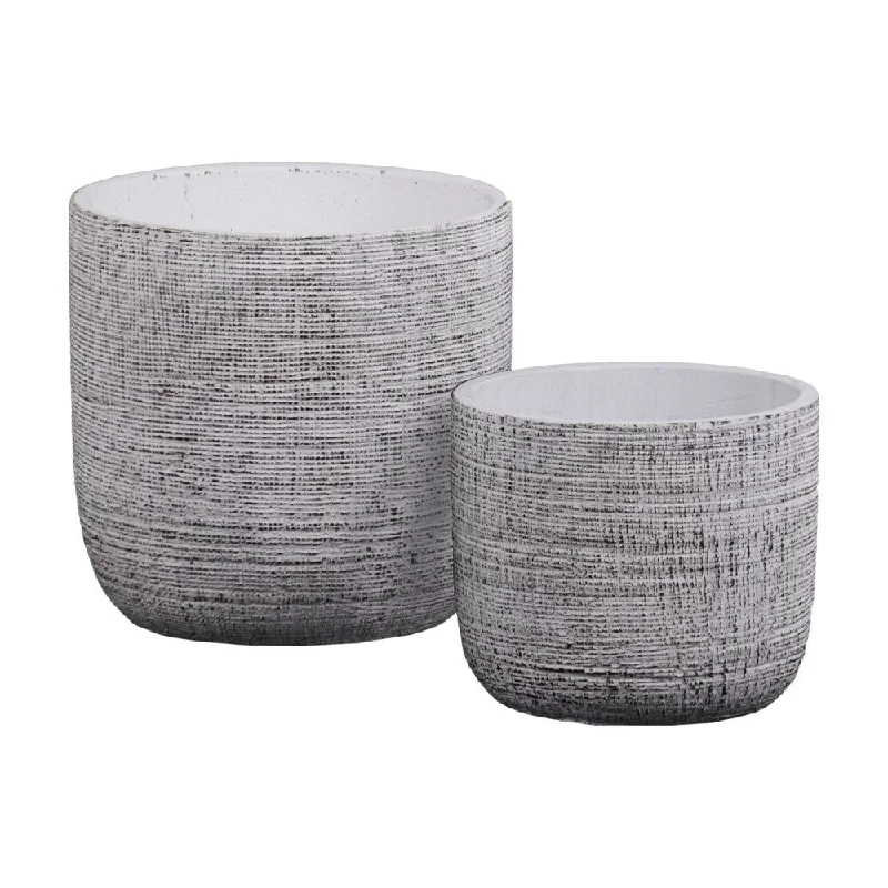 UTC53402: Cement Round Pot with Embossed Criss Cross Design Body and Tapered Bottom Set of Two Washed Finish White UTC53402: Cement Round Pot with Embossed Criss Cross Design Body and Tapered Bottom Set of Two Washed Finish White